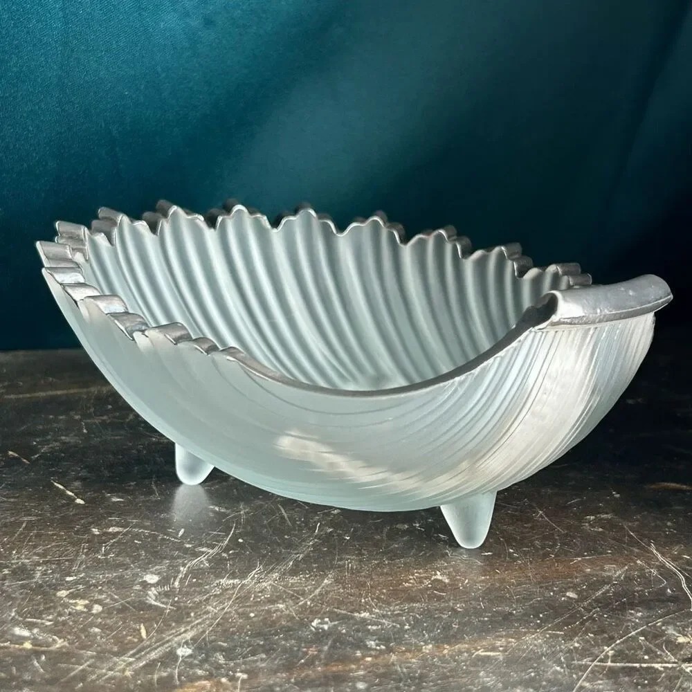 Vintage Westmoreland Frosted Glass Seashell Silver Gilt Sailboat Candy Dish
